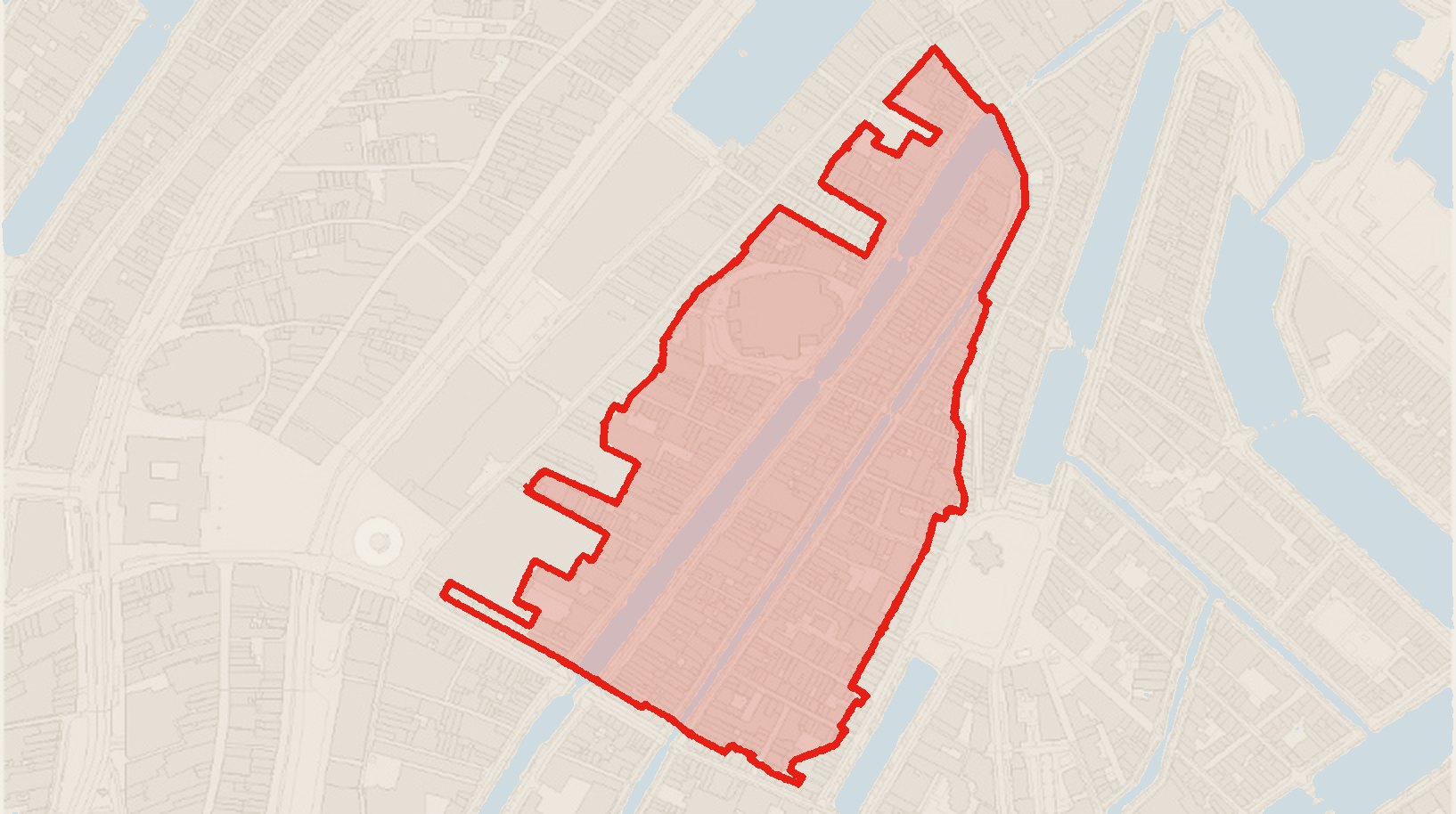 Kaart van het BIZ-gebied Burgwallen rond de Oudezijds Voorburgwal, Oudezijds Achterburgwal en het Oudekerksplein
